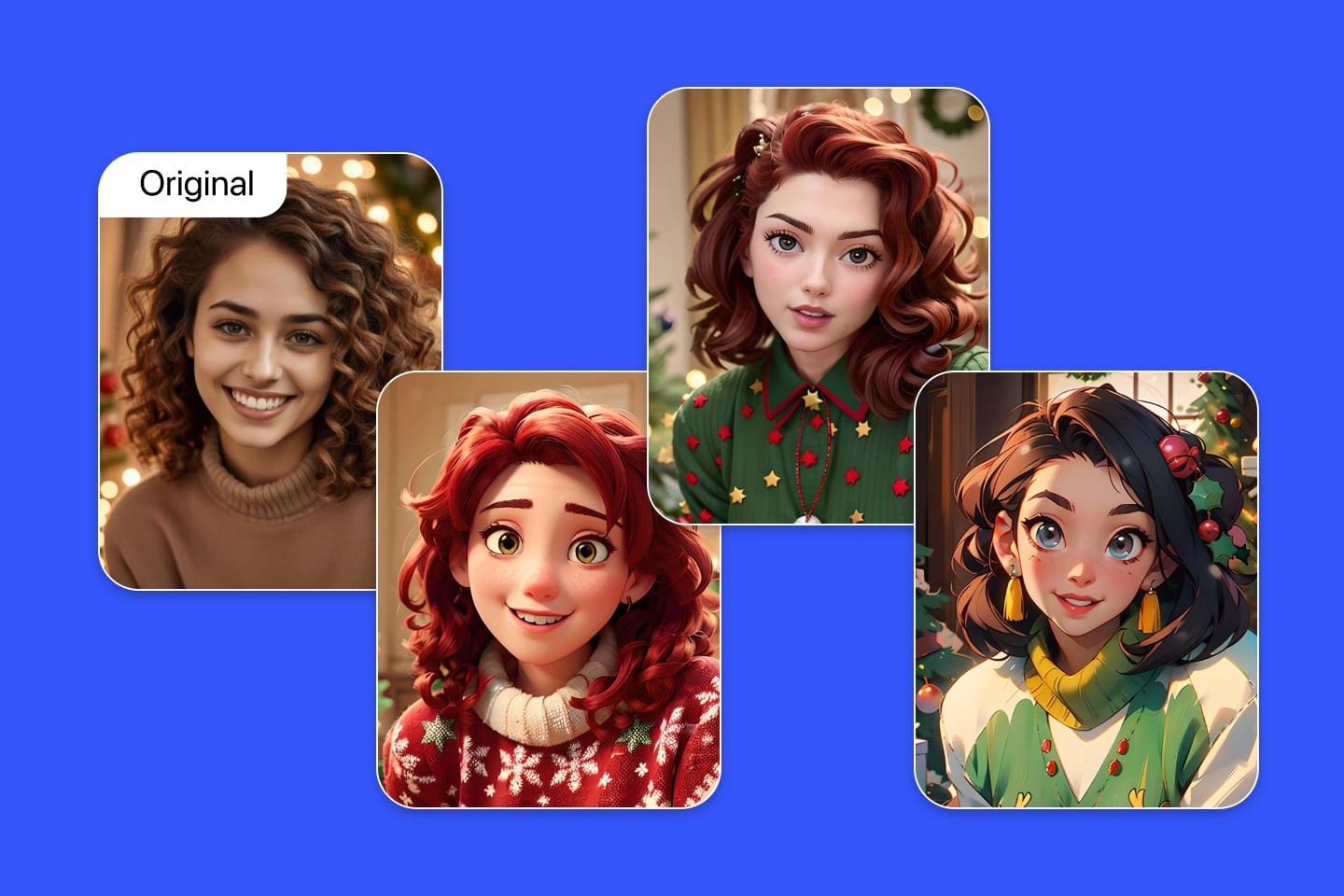 Image bannière du générateur d'image de Noël IA présentant trois photos de Noël crées à partir d'une photo