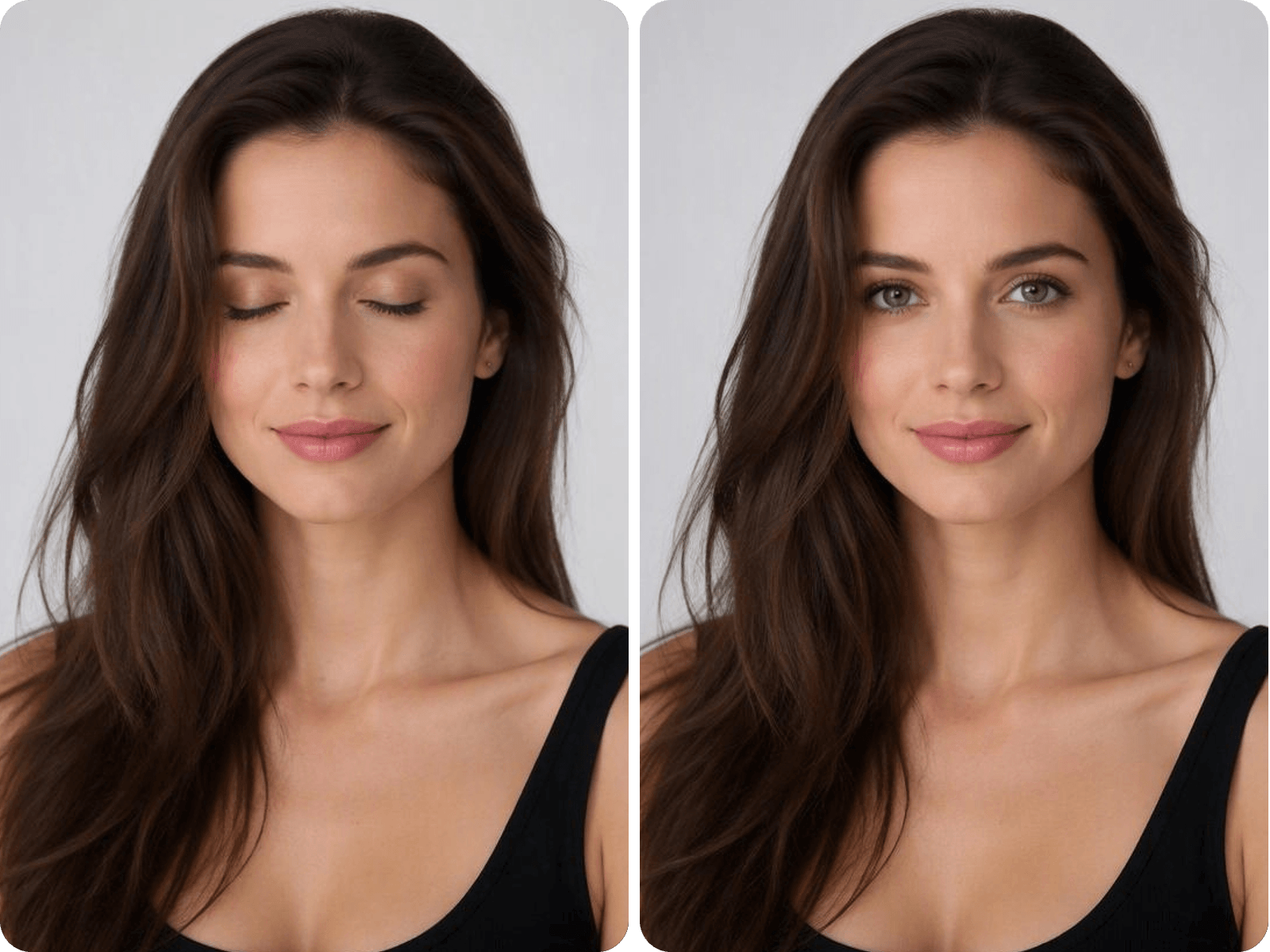 Before and after comparison of fotor ai eye opener fixing closed eyes in a beautiful woman photo