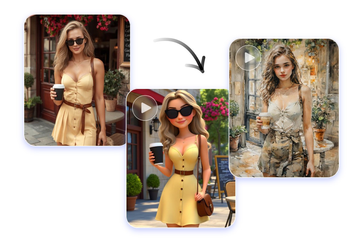 Change a photo of a fashion lady to two videos in different styles