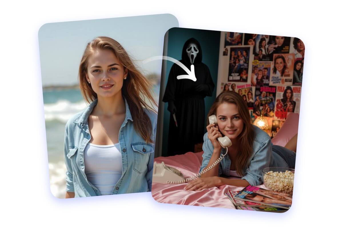 Convert a woman photo into an image with ghostface behind her