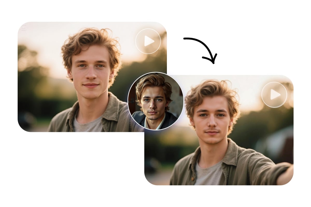 Face swap video effects featuring a man in brown curly hair