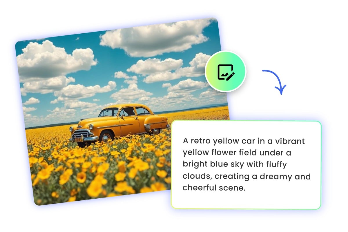 Free and instant AI image to text featuring a card in a flower field