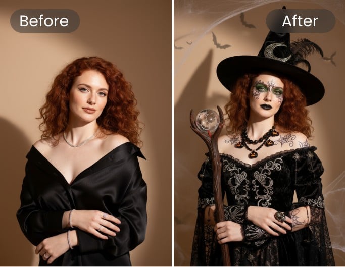 Generate gothic style costume for a woman with red hair using fotor ai costume generator