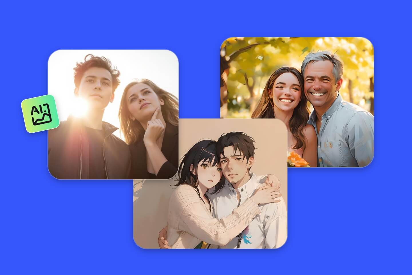 Generate three different style couple photos using ai in fotor