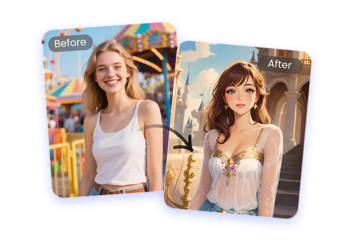 Instant AI photo to anime converter effect featuring a woman