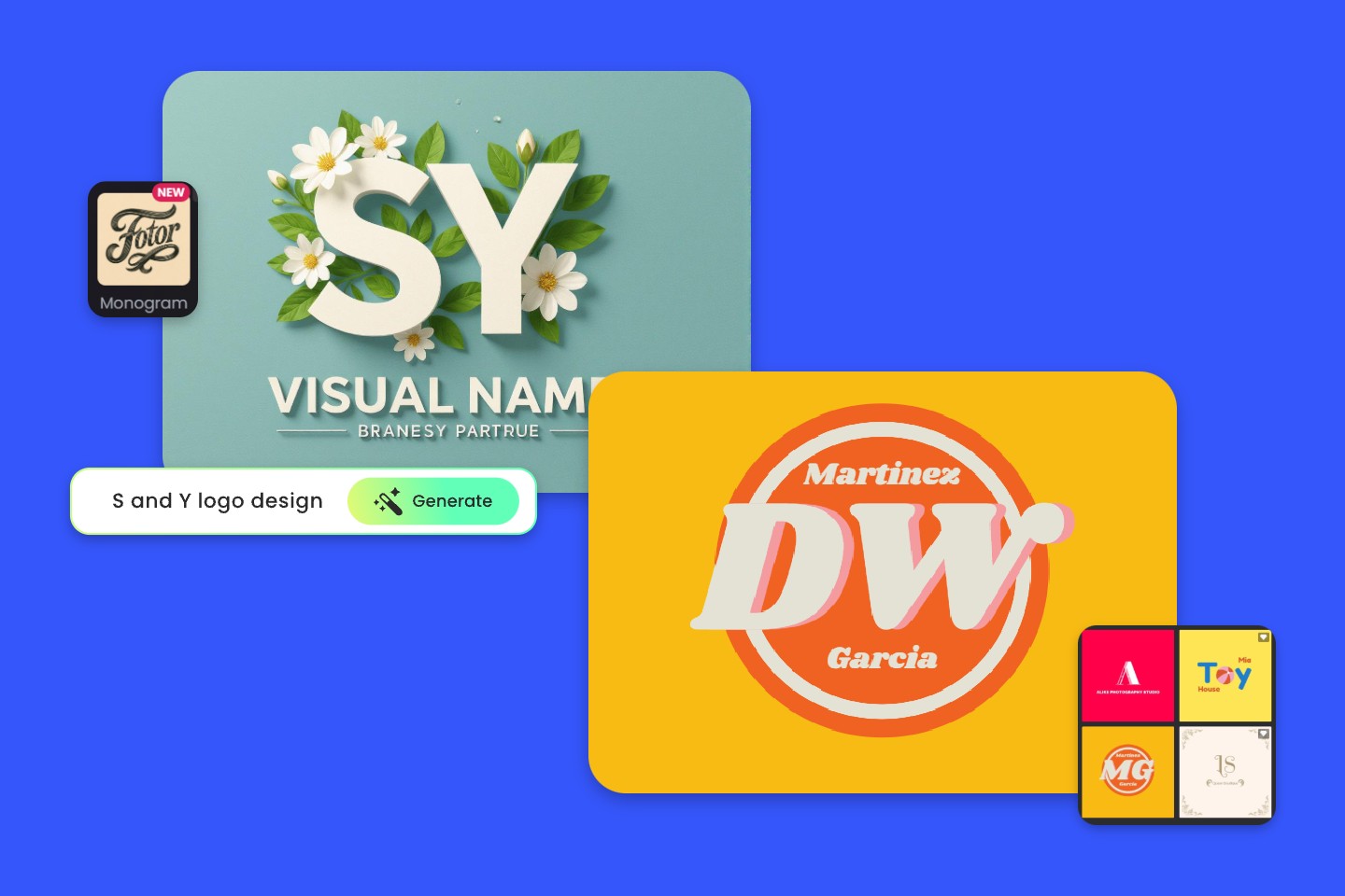 Three colorful monogram templates in various types from fotor