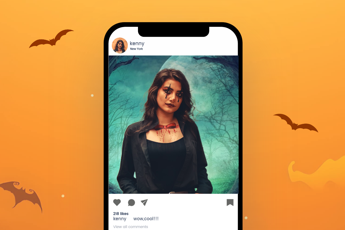 Post a halloween themed picture to social media with a halloween background