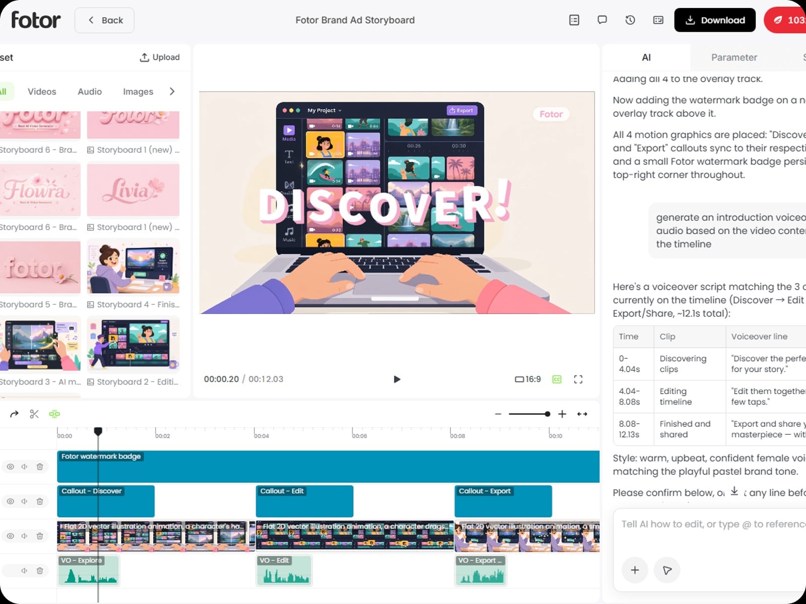 The user interface of Fotors AI motion graphics generator