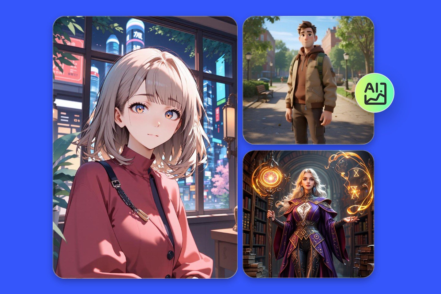 Three original characters in anime 3d cartoon and fantcy style