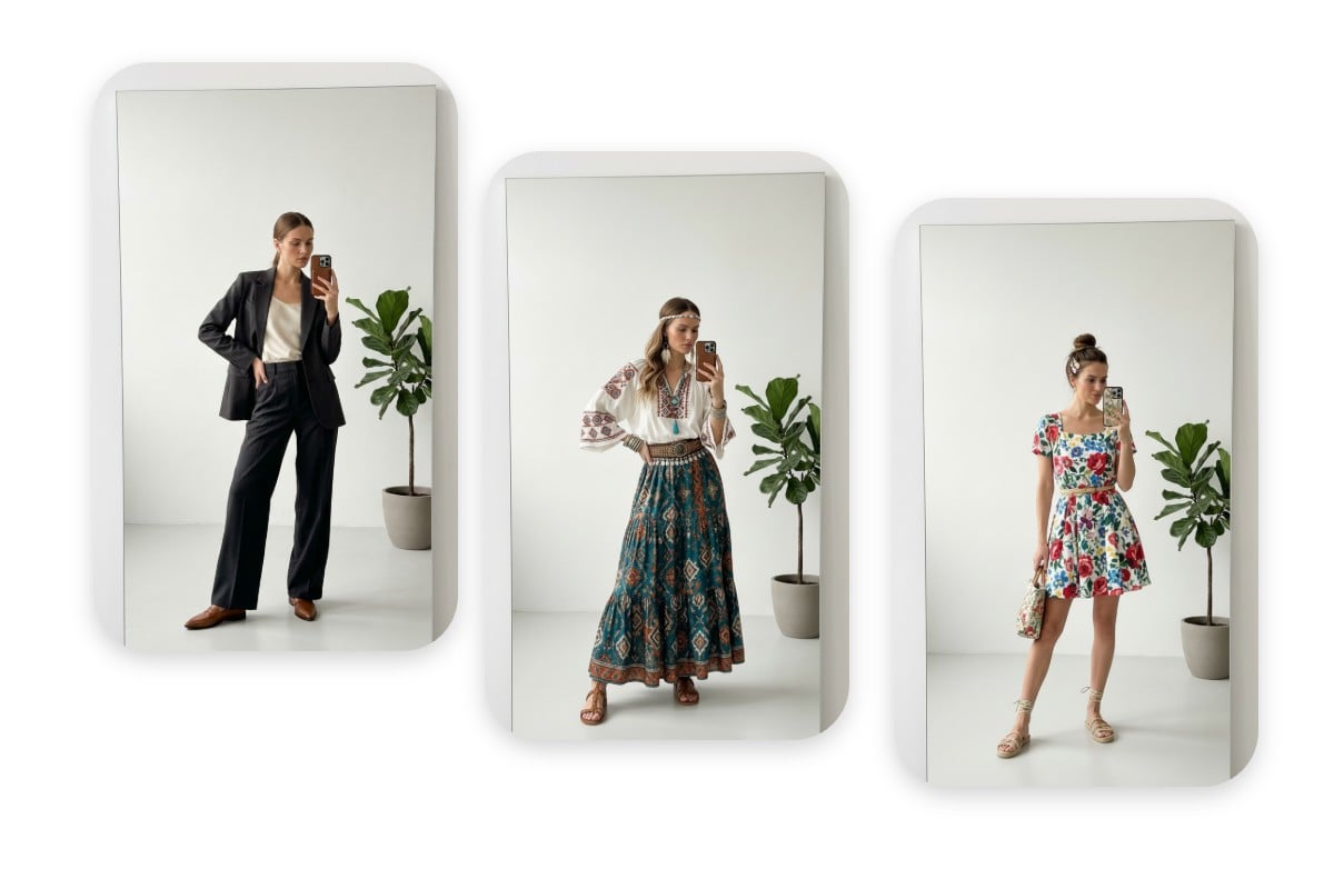 Three selfies of a woman in different outfit generated with fotor virtual clothes try on tool