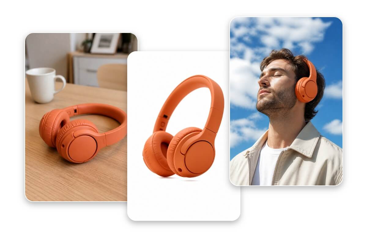 Turn a casually shot headphone photo into a clean solid color background product image and then transform it into a vibe product image showing a model using the headphones