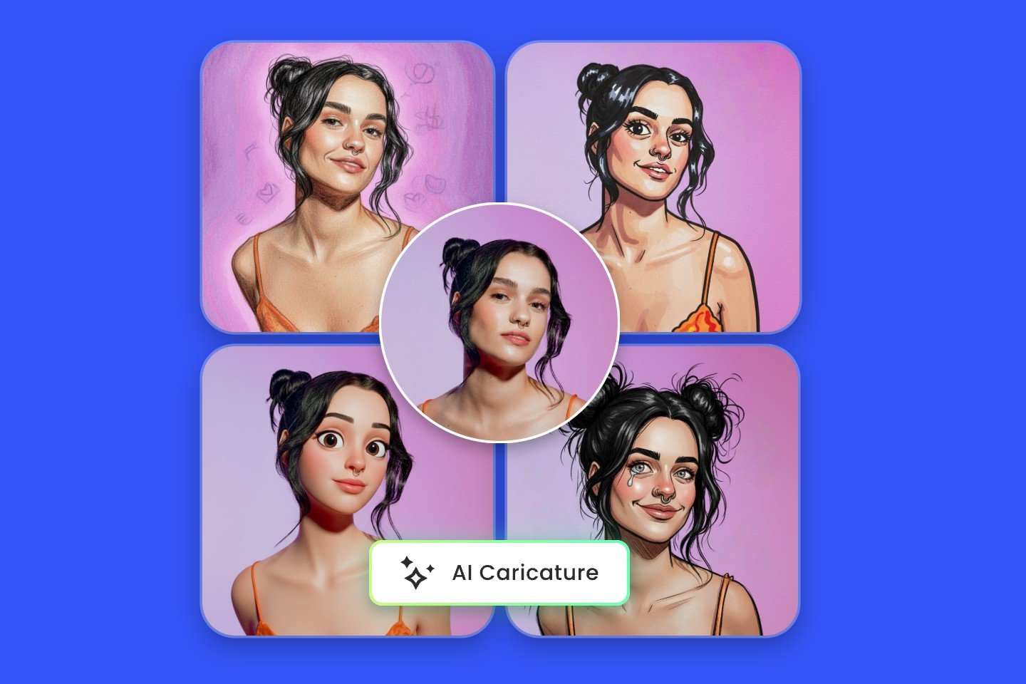 Turn a girls portrait into different caricatue styles with fotor caricature maker