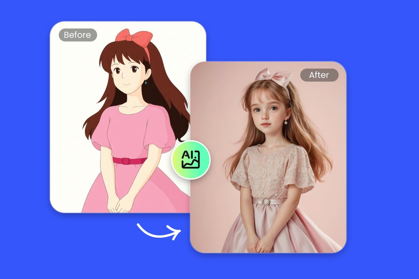 Turn an anime girl image into a realistic style girl photo in fotor