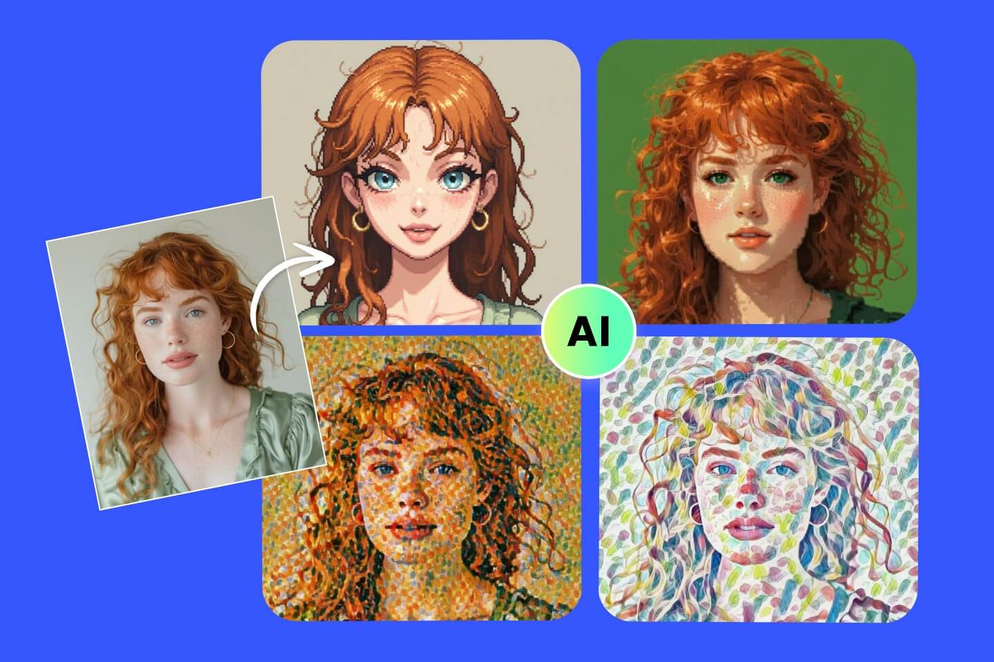 아름다운 소녀의 셀피를 네 가지 픽셀아트 스타일로 변환하기