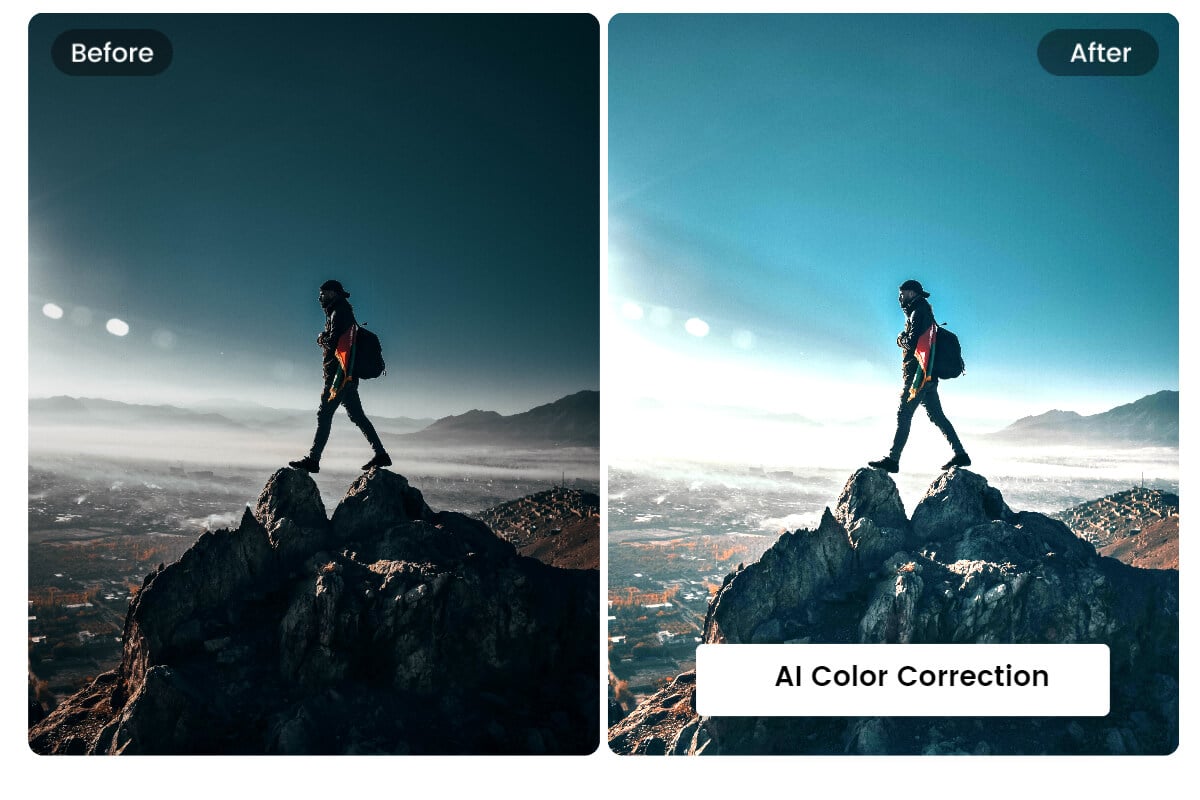 Use fotor ai color correction to correct and adjust the faded colors of a mountain climbing man photo