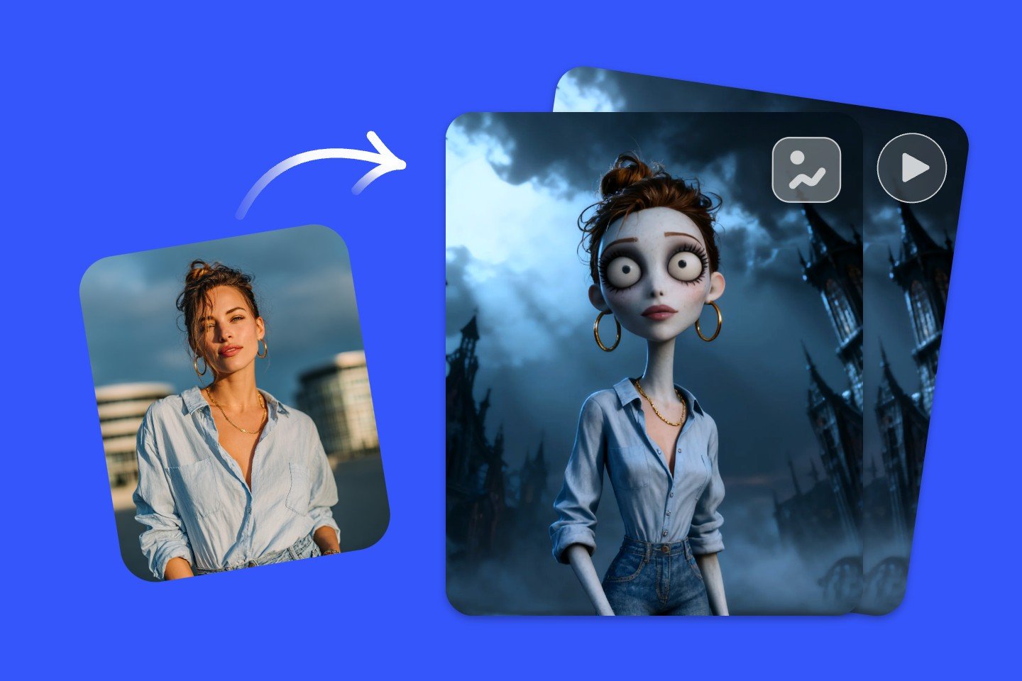 Use fotor tim burton filter to turn a girl photo into images or videos of tim burton style