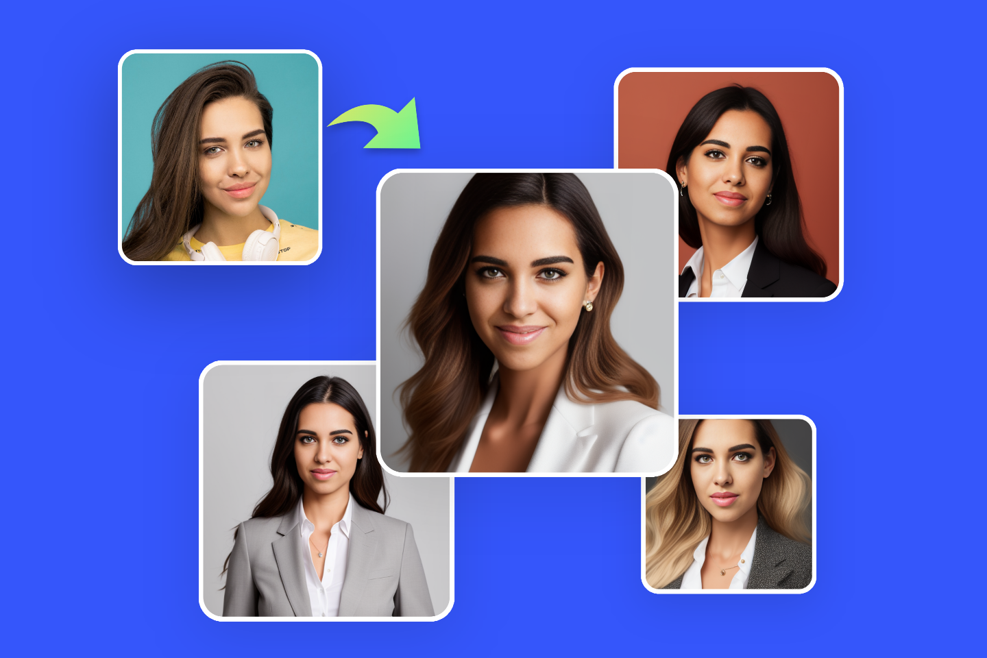 Use fotors headshot filter to turn female selfie into four professional headshots