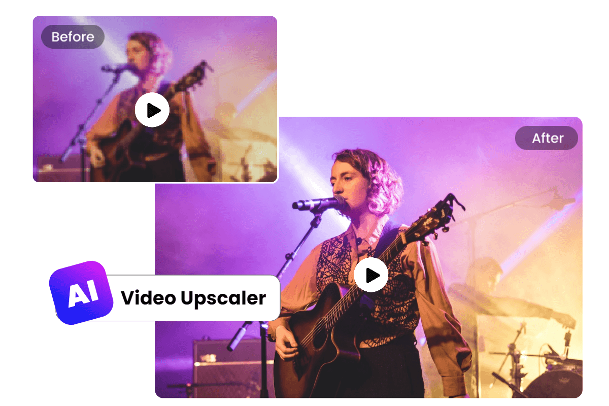 Using fotor ai video upscaler to enhance a video of a woman playing guitar at a band concert