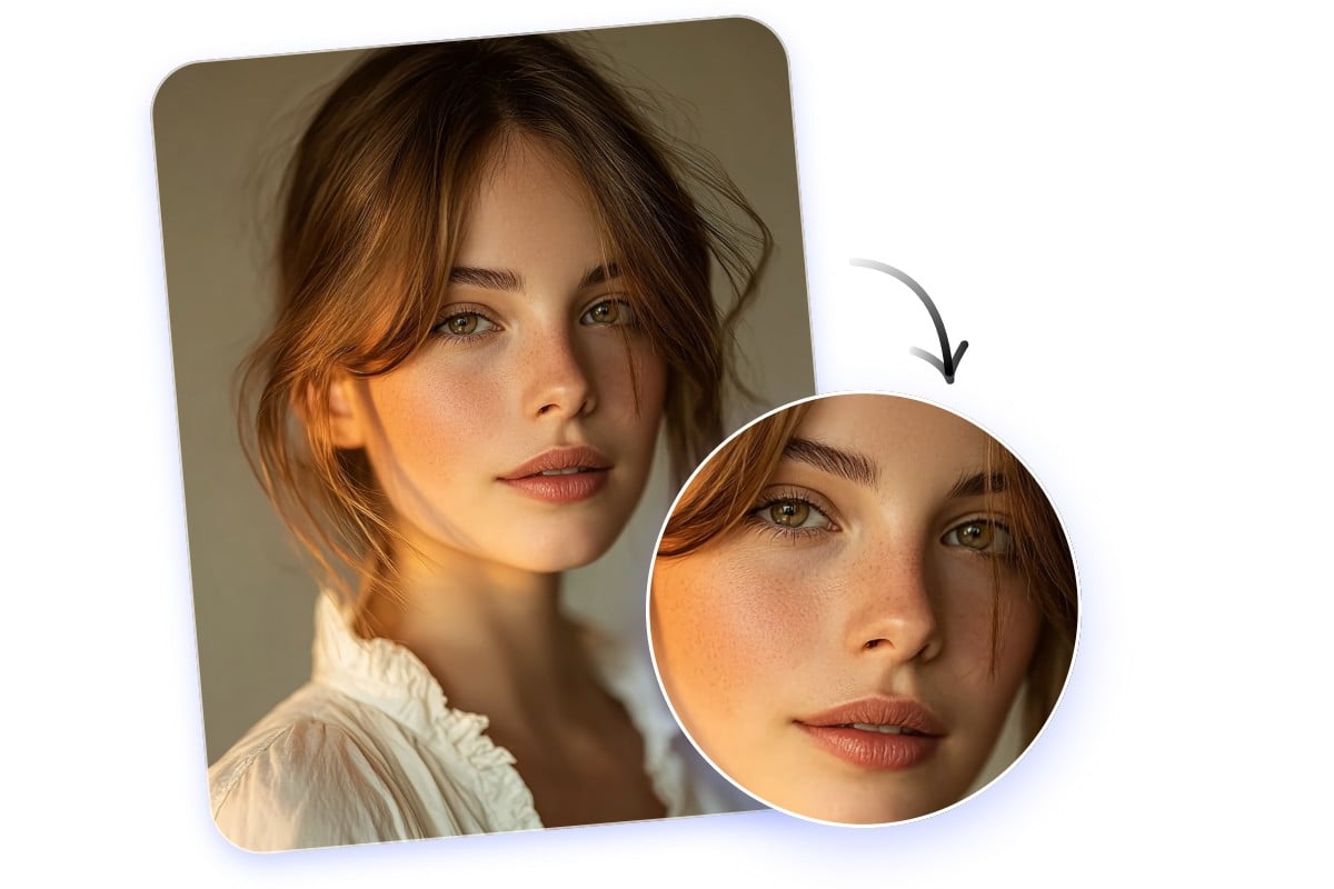 A brown eyes ai girl wearing a white top has natural and realistic facial details such as freckles and wrinkles