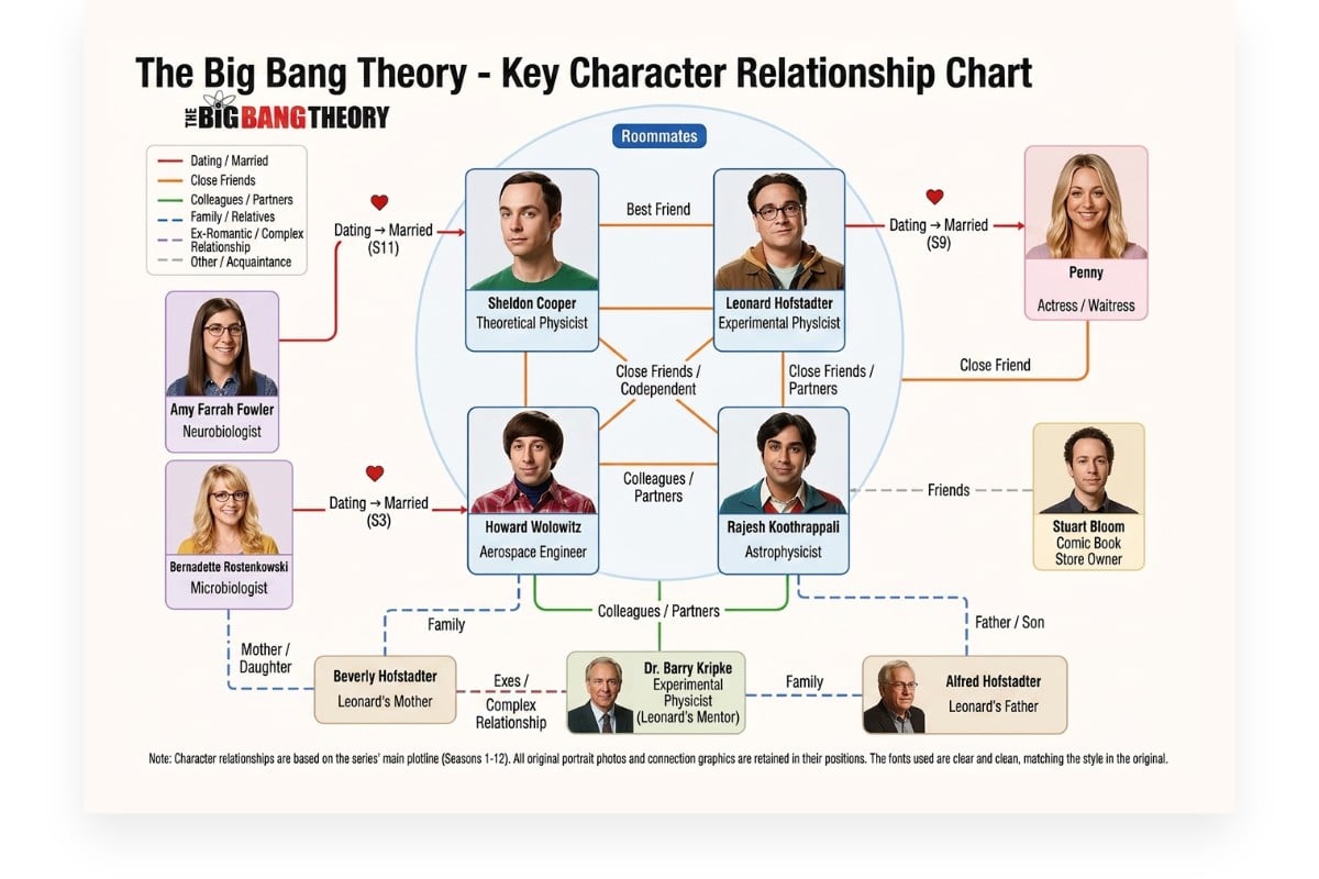 A character relationship chart of the Big Bang Theroy generated by GPT Image 2