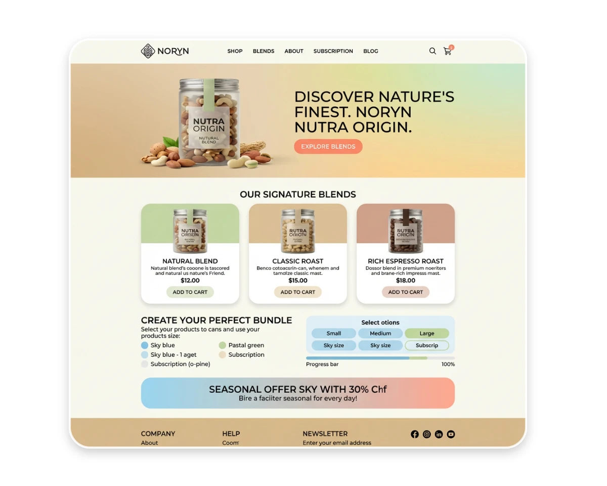 A detailed web UI layout for a health supplements website homepage featuring perfectly formed legible English text