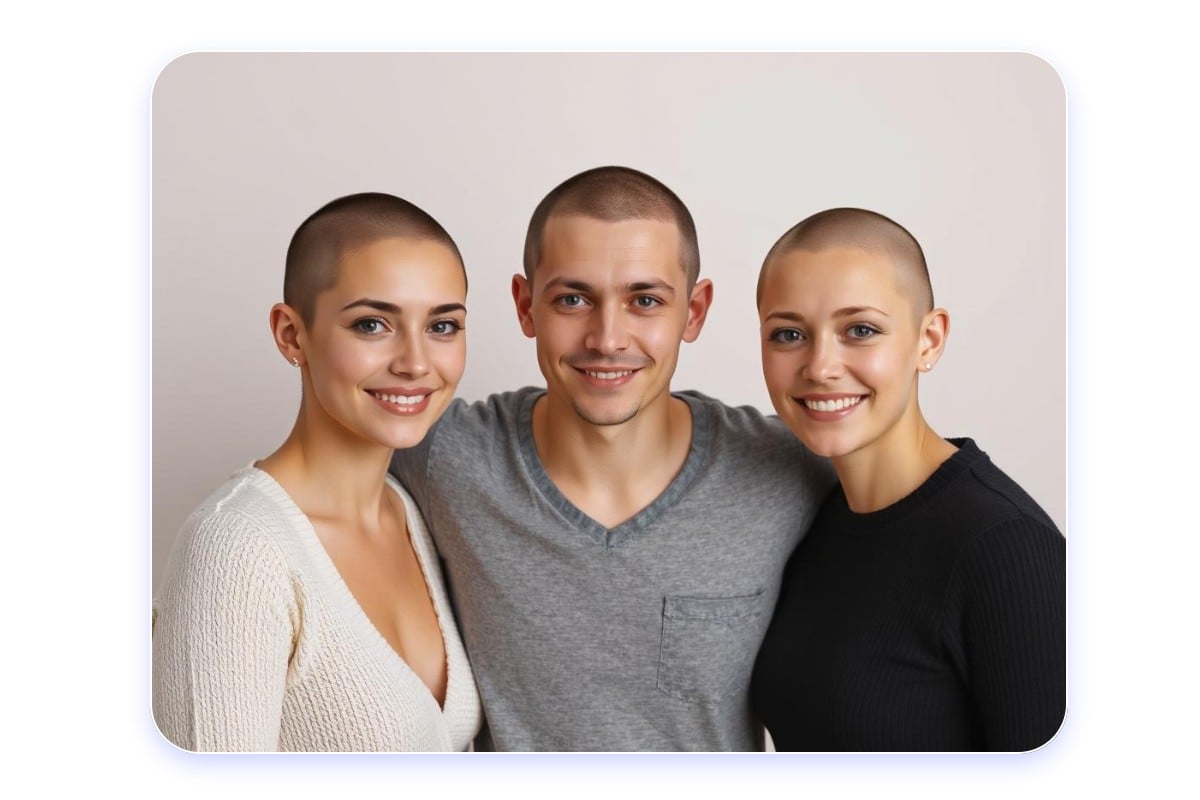 A group photo of three shaved head people shows a girl wearing a white top a girl wearing a black top and a boy wearing a gray short sleeved shirt