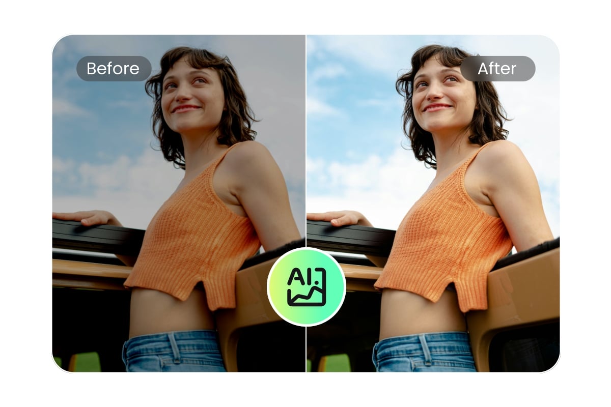 A photo of a beautiful girl before and after AI enhancement