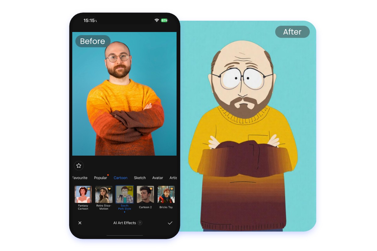AI South Park character maker app effect featuring a bold man