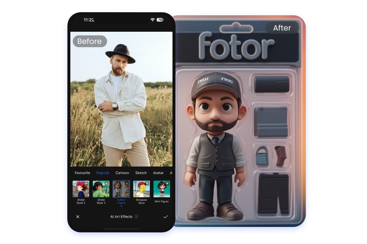 Fotor KI Actionfiguren-Ersteller-App-Effekt mit einem Mann im Hut
