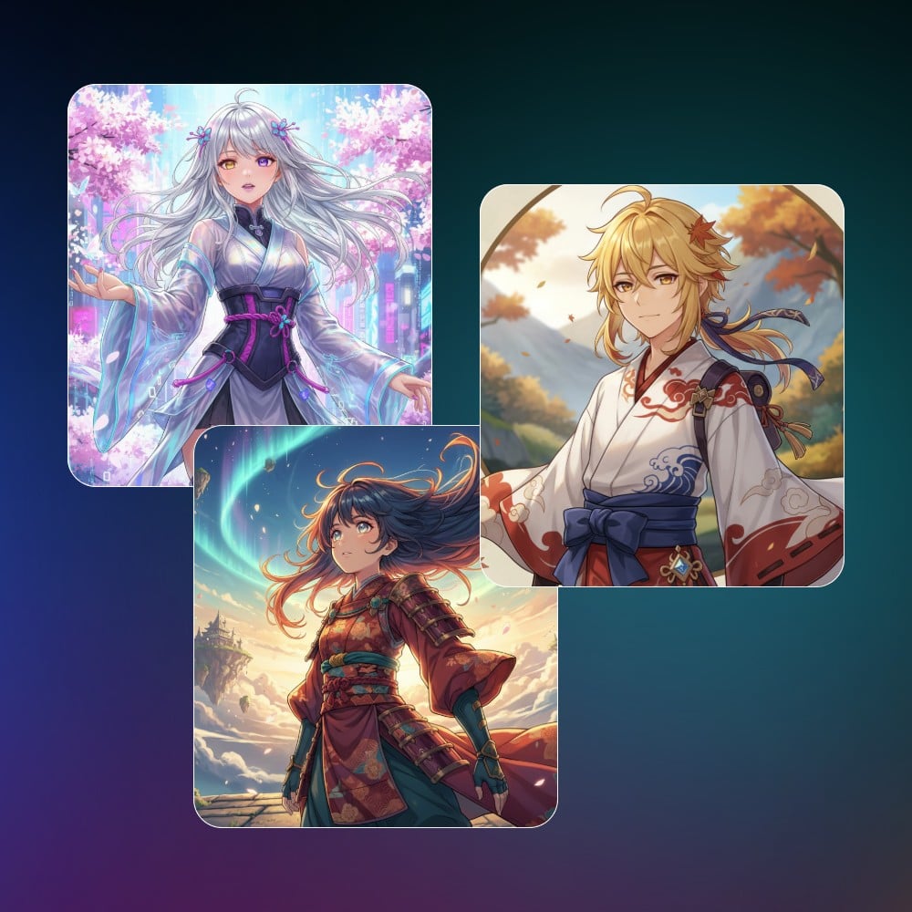 AI anime character generator effects with three anime figures