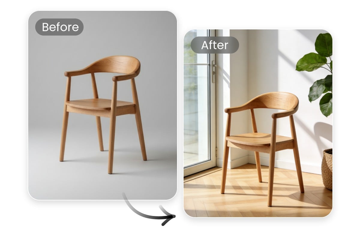 AI background generator for furniture design before and after comparison featuring a chair