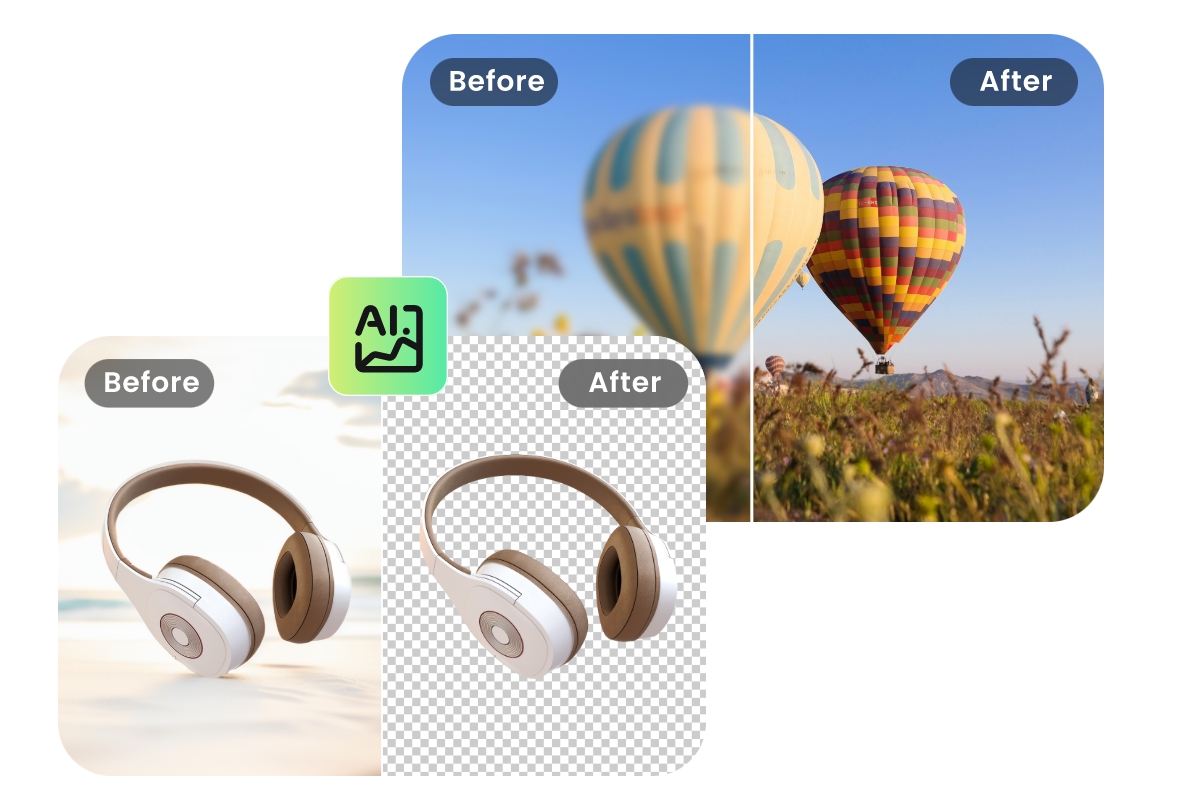 Before and after comparison of AI background remover and AI photo editor in Fotor