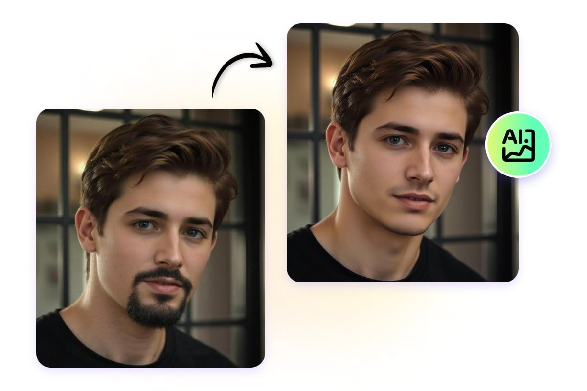 KI Bart-Entferner - Beispiel: ein hübscher Mann mit und ohne Bart- Ein Vergleich