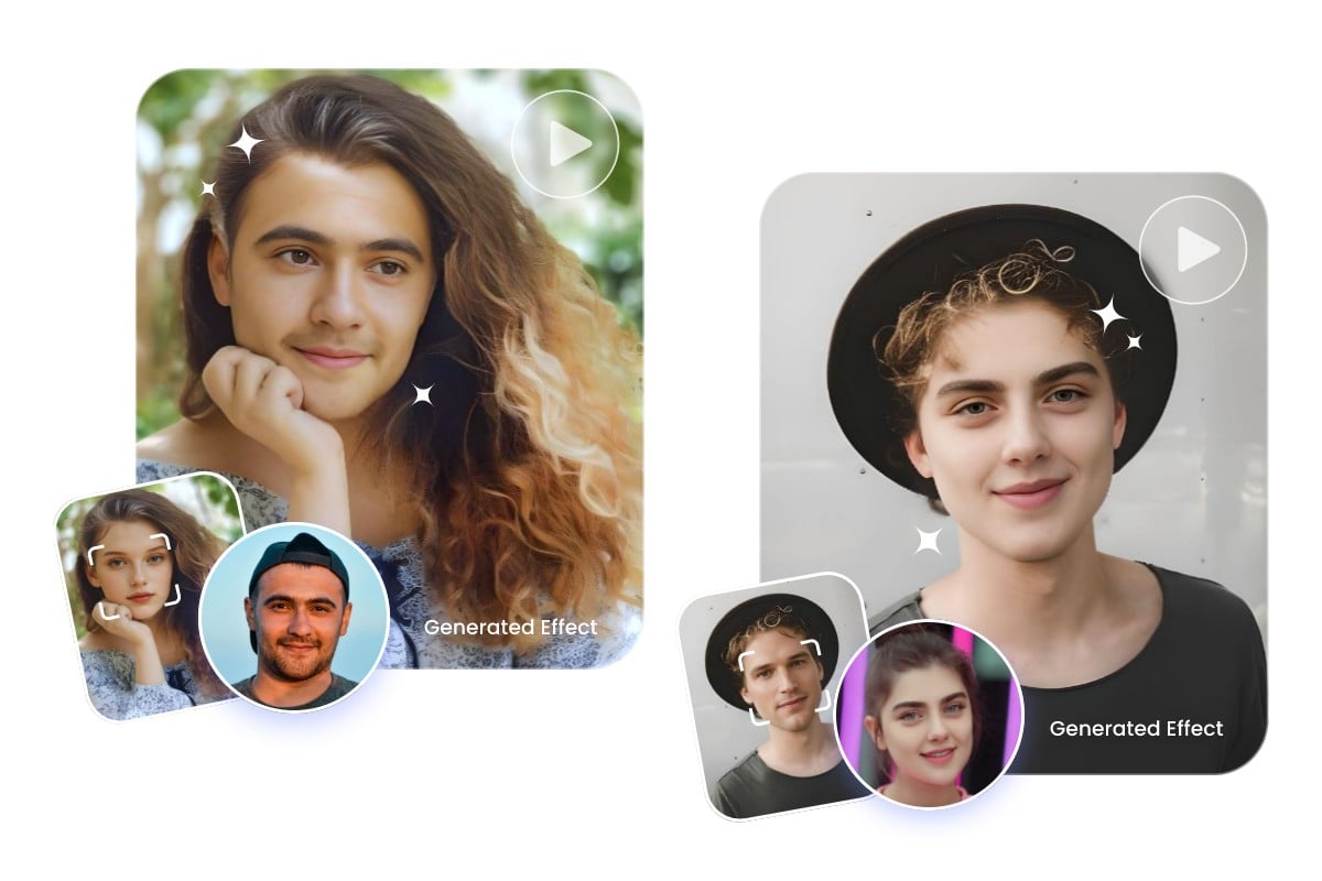 AI face replacement in gender swap effect featuring from male to female and from female to male