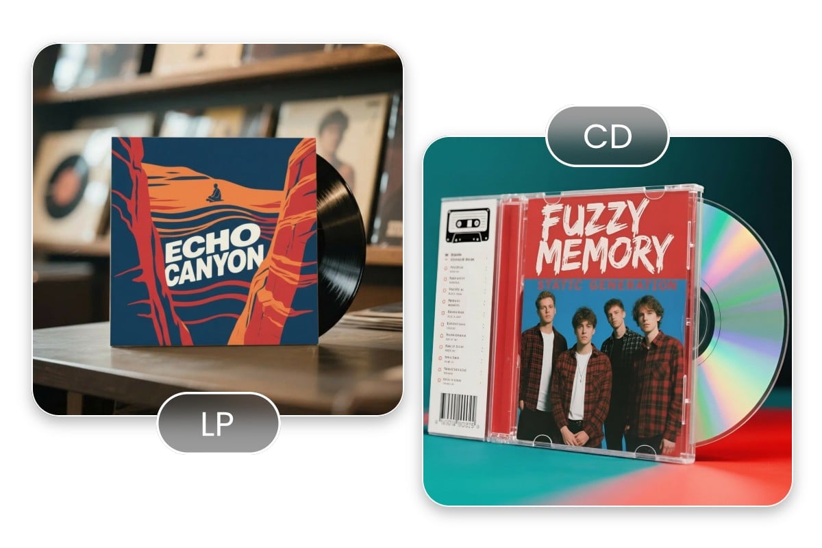 AI generated album covers can be printed losslessly onto physical C Ds or L Ps