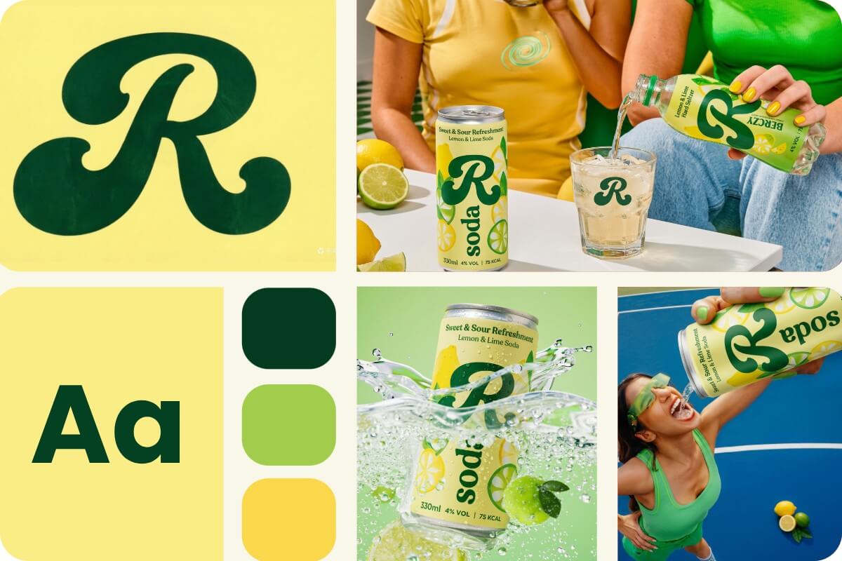 AI generated brand identity assets including logos color palettes product demos and branded promotional visuals