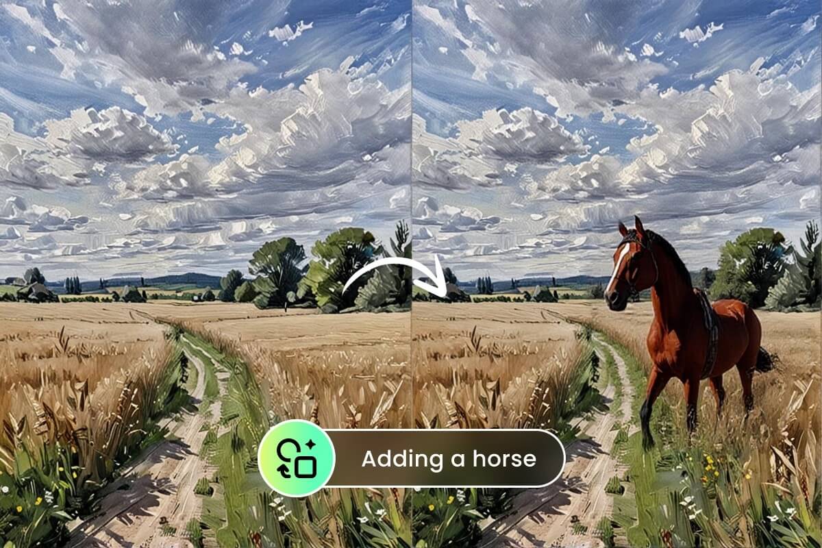 AI generative fill featuring adding a horse to a field