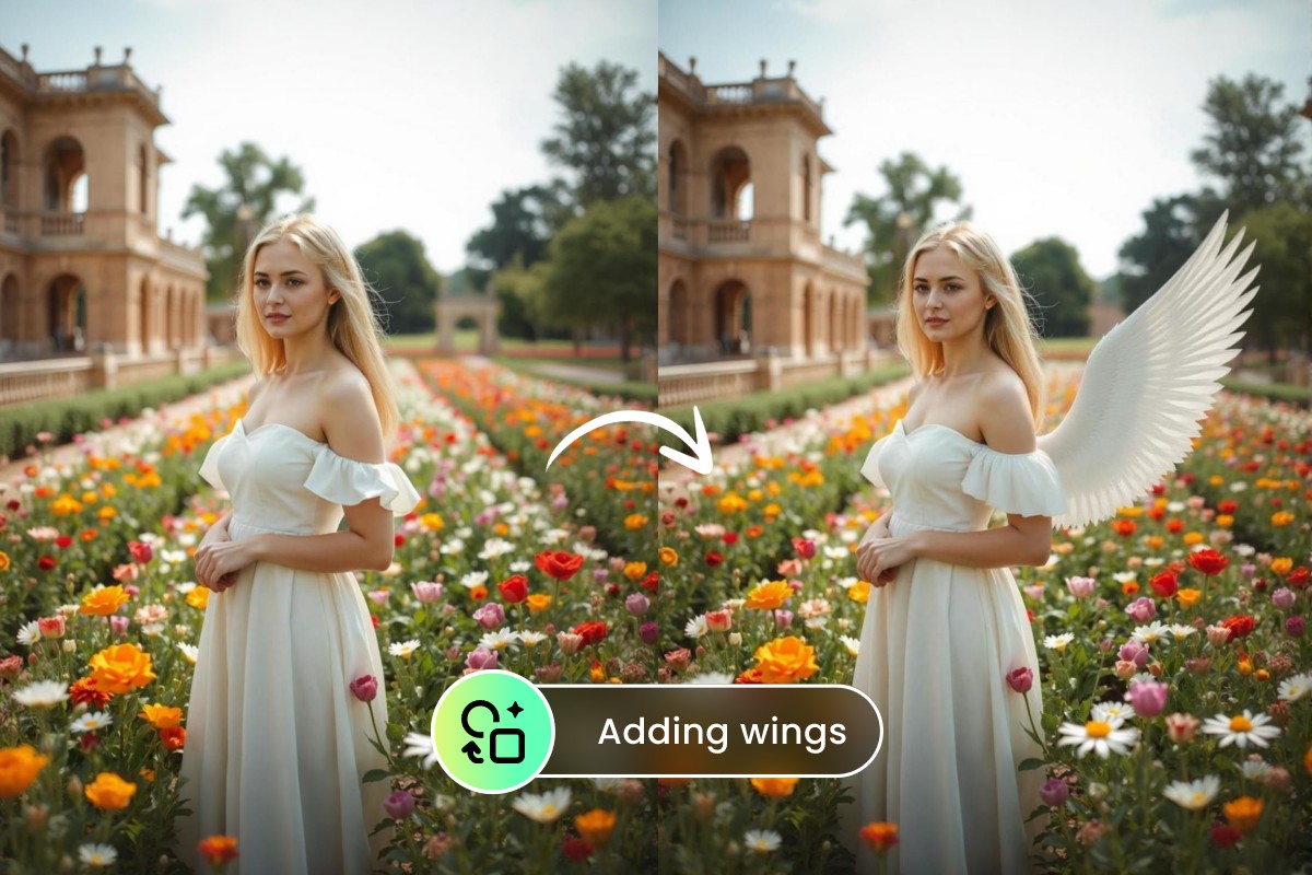 AI image filler for social media featuring adding wings to a beauty