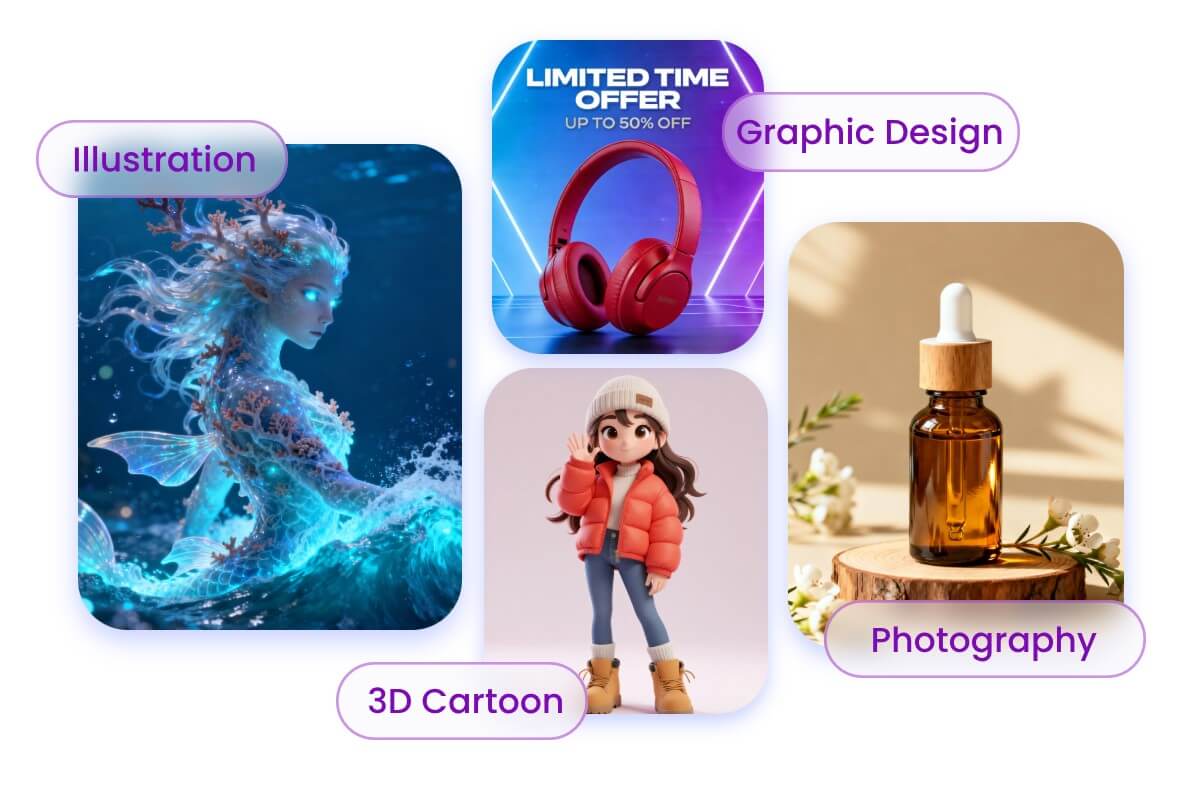 AI image generation examples in different styles created from text prompts using Fotor AI image editor