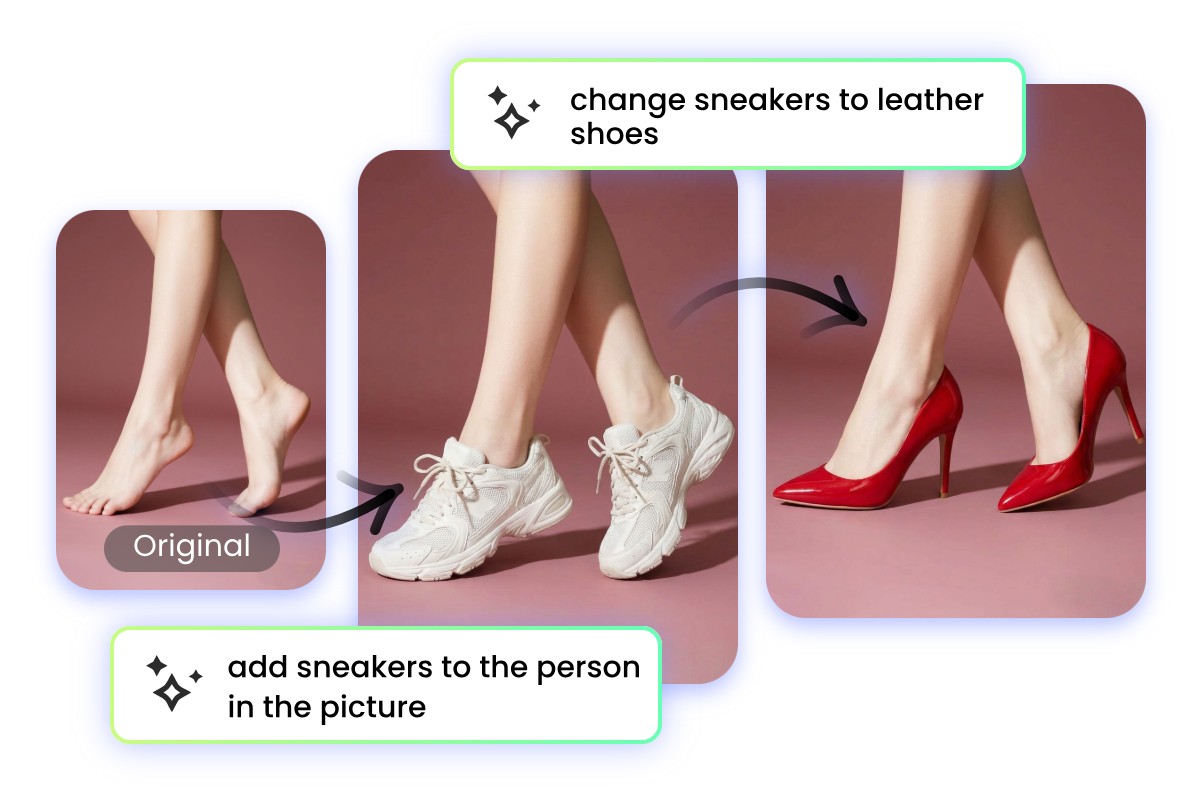 AI image generator adds and replace shoes in the image