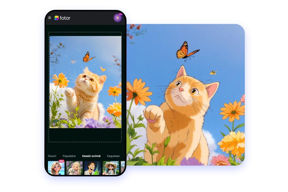 Ein Foto einer Katze mit der kostenlosen Fotor-Foto-zu-Anime-App in Anime-Stil umwandeln