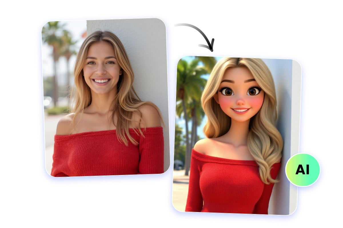 AI instant photo to cartoon converter featuring a woman in red transformed into 3 D cartoon style