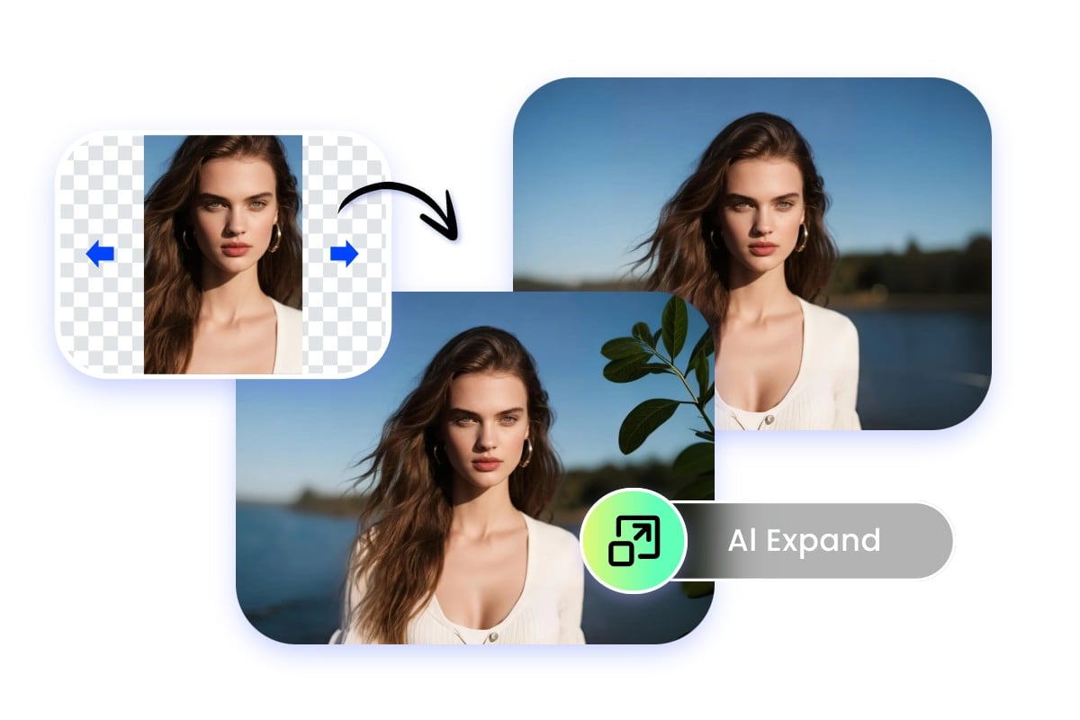 AI one click image extender featuring expanding a woman portrait into two results at one time