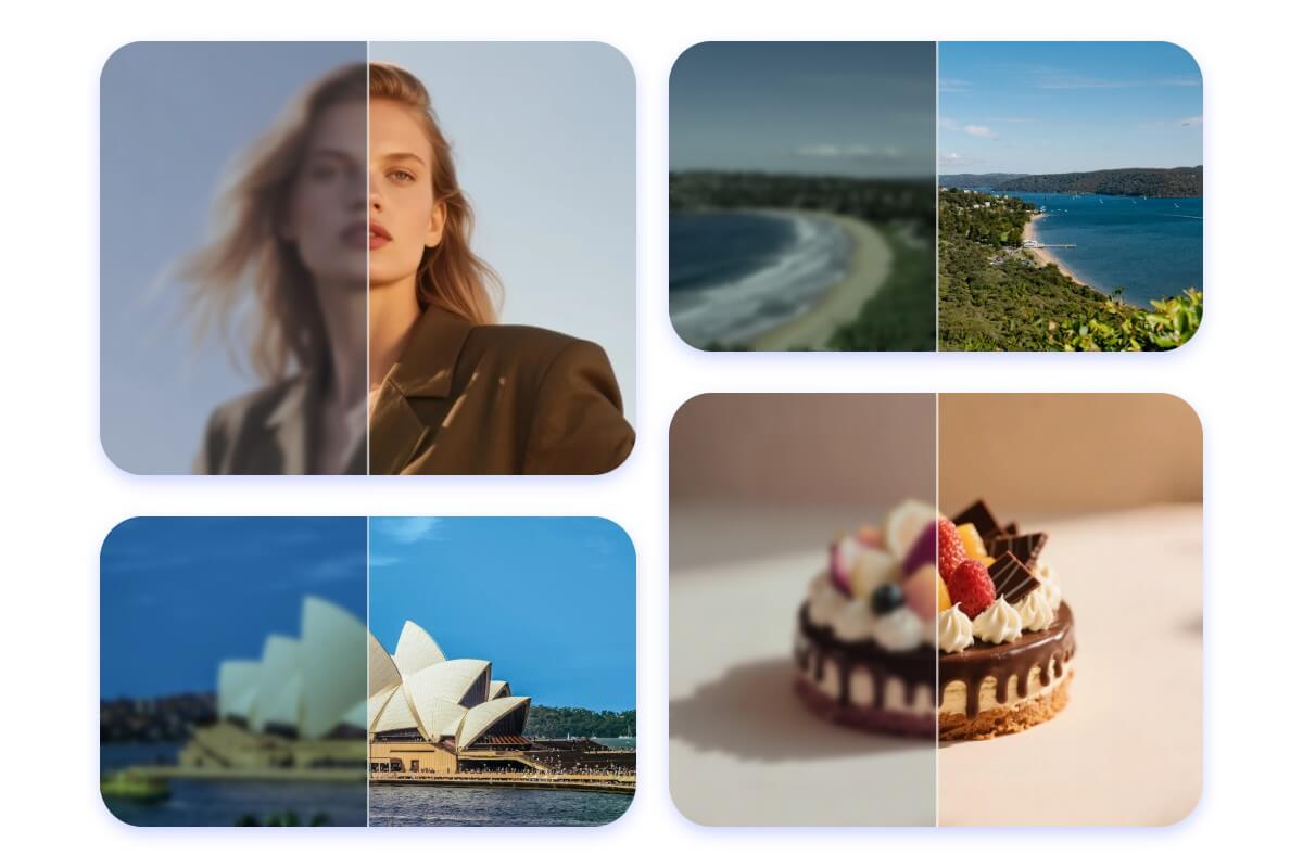 AI photo enhancement examples showing before and after results on portrait, landscape, architecture, and food images using Fotor AI image enhancer