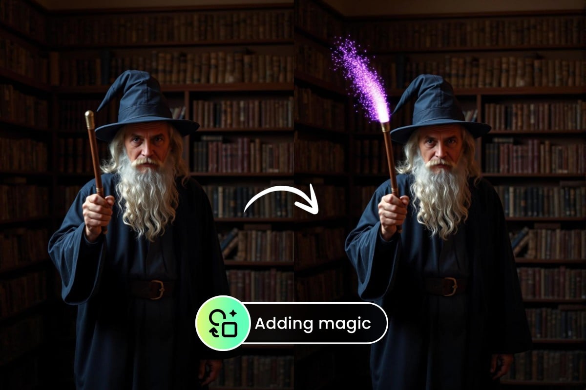 AI picture filler for game and film featuring lighting the wizards wand