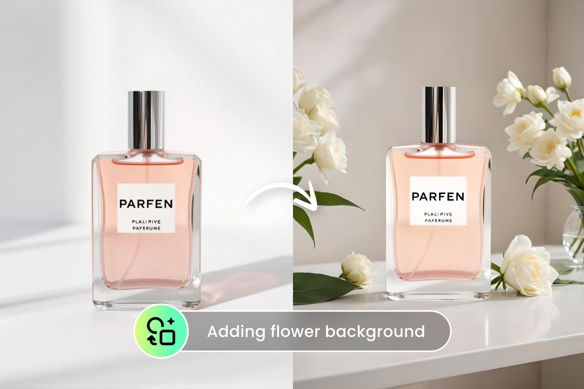 AI product photography filler featuring changing perfume background