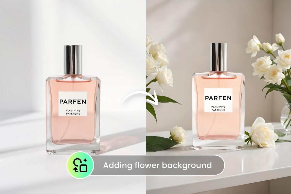 AI product photography filler featuring changing perfume background