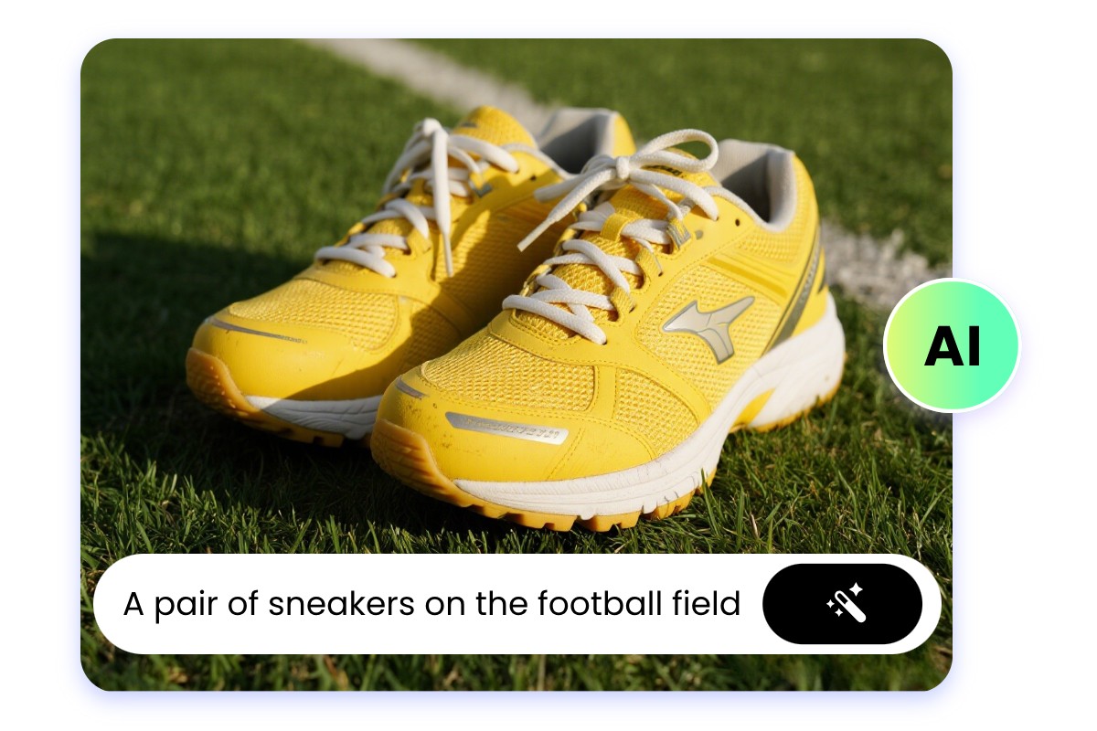 AI shoe generator designs a pair of yellow sneakers on the footbal field