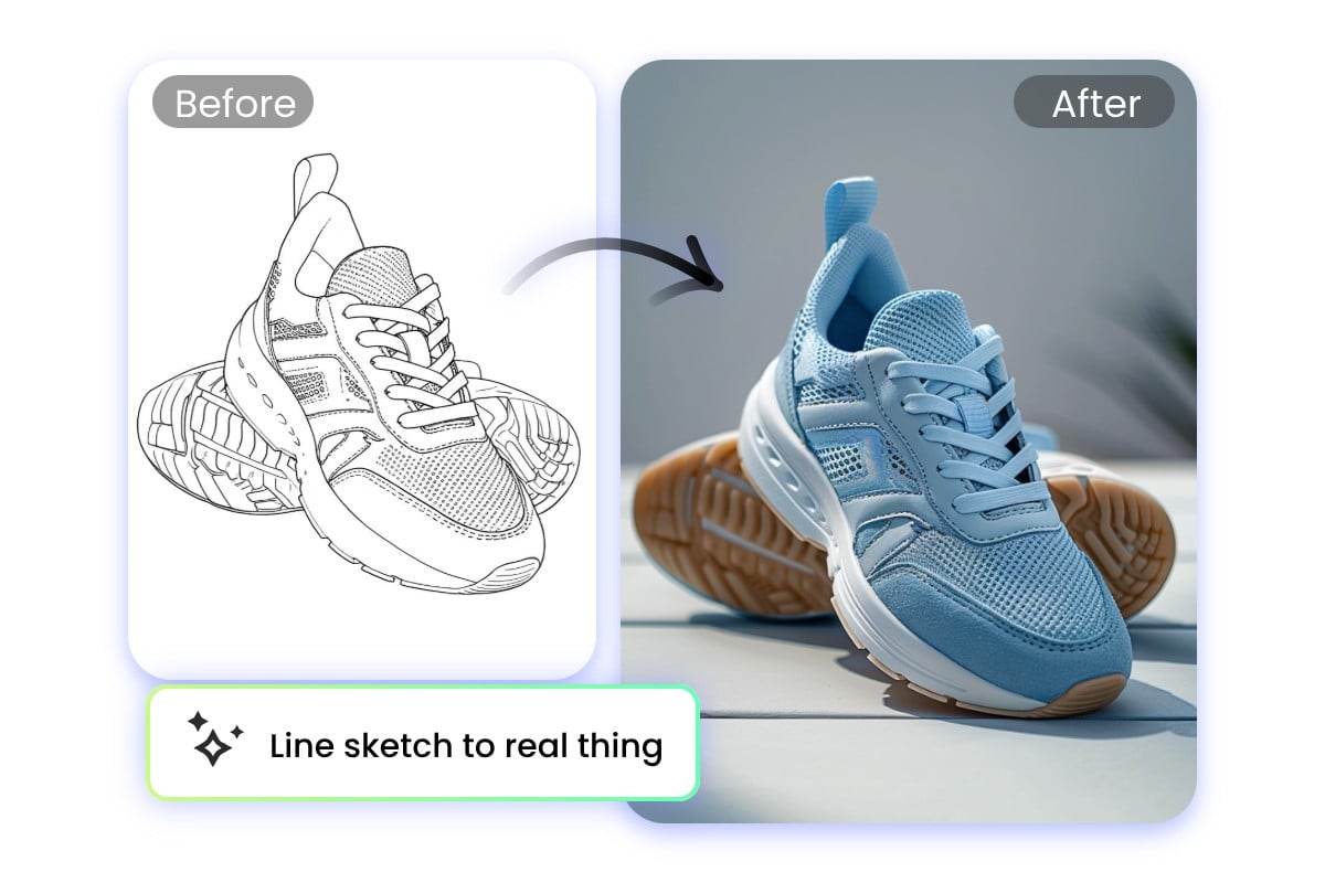 AI sketch to real life converter generates a pair of blue shoes from the line sketch image