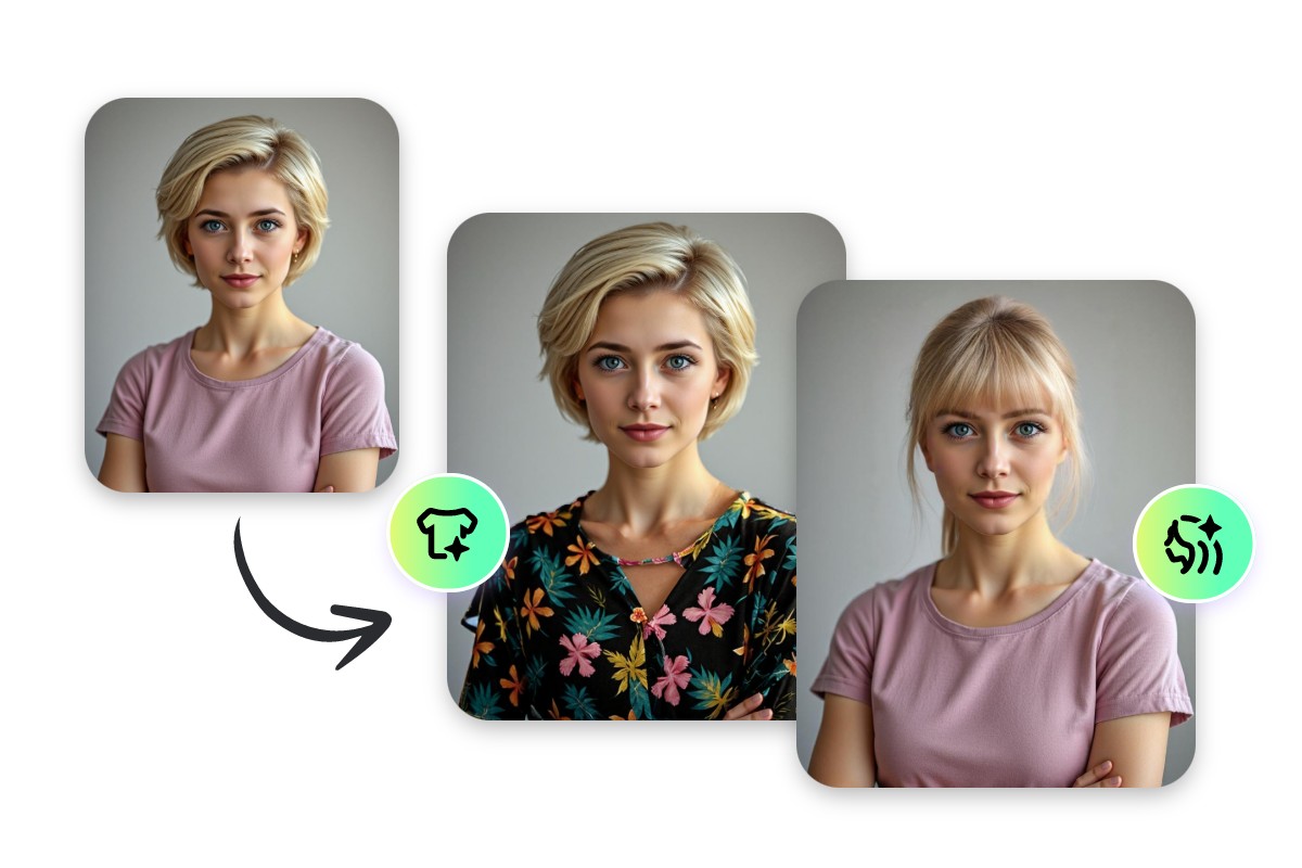 AI virtual try on featuring replacing a womans hairstyle and clothes